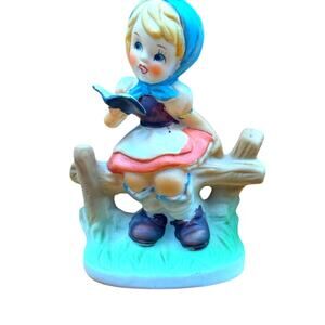 Vintage Ceramic Girl Figurine Sitting on Fence Reading Book, Made in Taiwan